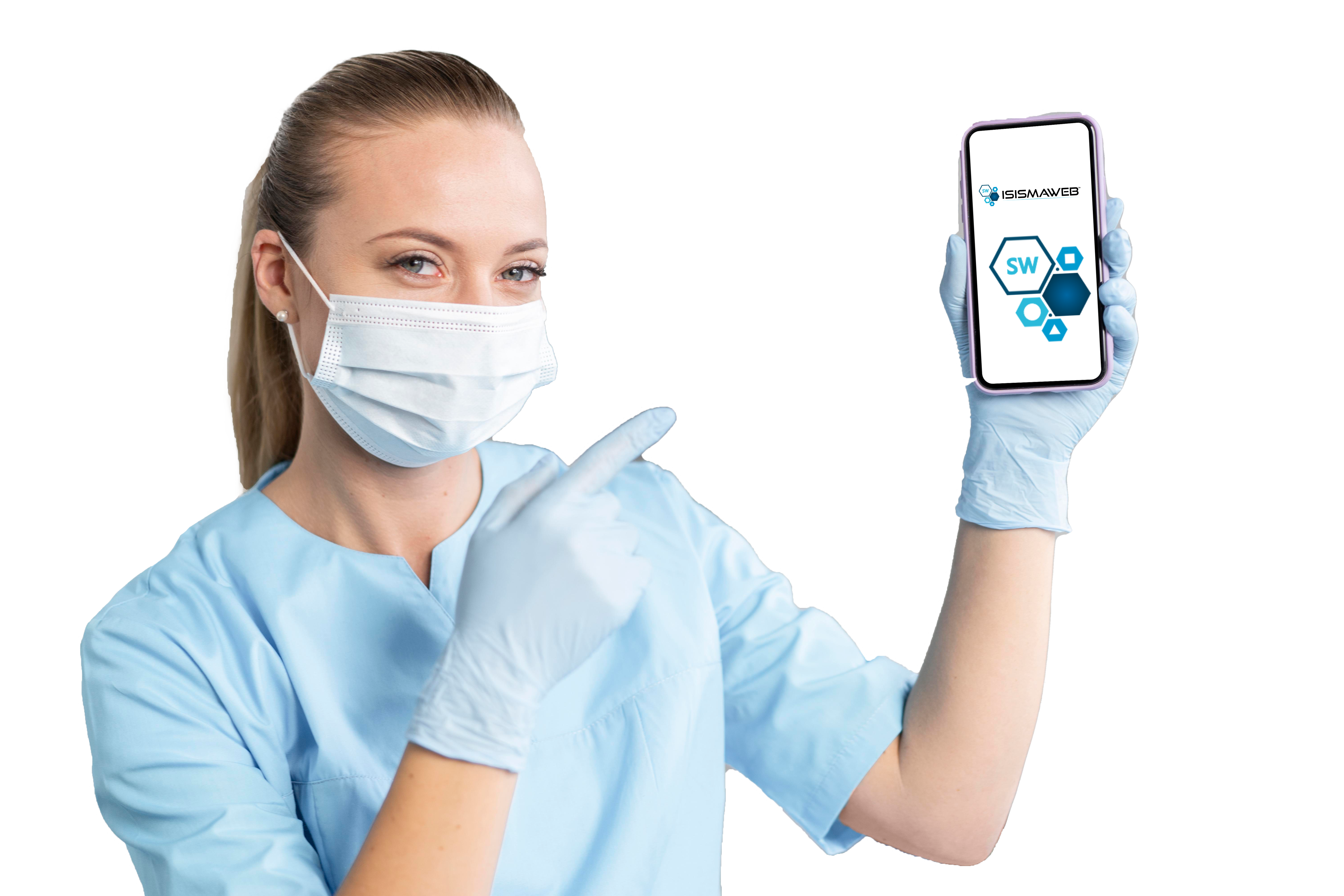 female-physiotherapist-with-medical-mask-holding-and-pointing-at-smartphone